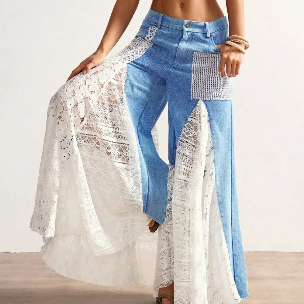 Blue And White Casual Women's Bohemian Style Mixed High Waist Bell Bottom Pants - Picture 3 of 7